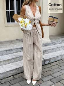 SHEIN Frenchy New Summer Cotton Striped Suits For Women, Apricot Casual Formal Suits, Casual Suits For Mujer, Daily Commuting Suits, Elegant Suits For Dama, Comfortable Cotton Clothing