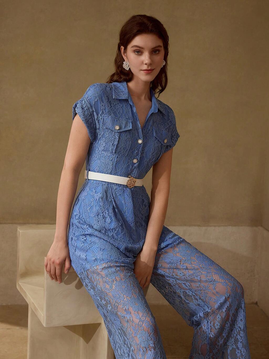LACE OVERLAY BUCKLE BELTED BUTTON FRONT JUMPSUIT
