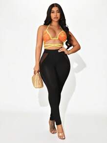 SHEIN SXY Mesh Insert Solid Leggings - Black - View 5