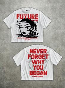 Manfinity EMRG 宽松街头风格复古高街创意 Liquid Girl 红色标语印花白色短款图案 T 恤，适合夏季