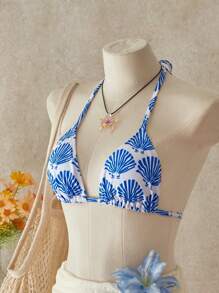 SHEIN Swim Top de Bikini de Mujer con Cuello de Halter Estampado Completo - Multicolor - Ver 3