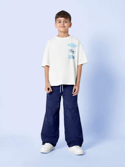 SUMWON Camiseta gráfica con temática de carreras, bandera a cuadros, pista de coches, deporte, juvenil, niño, verano, informal, ropa de diario, estilo carreras