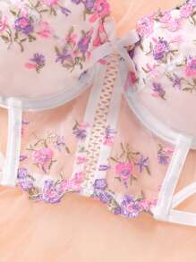 SHEIN 女士长款刺绣浪漫钢圈文胸 - 彩色 - 查看 3