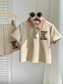 2pcs Boy Casual Knitted Contrast Color Half-Zip Sweater And Solid Elastic Waist Shorts Set,Summer,Career Day,Back-To-School Young Boys Matching Sets - Khaki - View 4