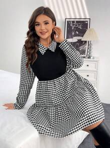 SHEIN Essnce 大码女装秋冬时尚休闲宽松长袖黑白格子拼接假两件式腰身连衣裙，秋季女装，职业装，可爱连衣裙，亲子装，大码服装，教师装，黑色长袖连衣裙，衬衫裙 - 黑與白 - 查看 5