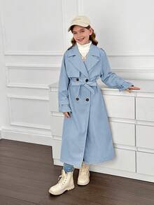 SHEIN Serisse Kids 青少年女孩宽松双排扣翻领长款风衣，休闲军装风格，通勤和户外穿着