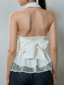 SHEIN MOD Blusa elegante con aplicaciones de encaje, cuello y lazo, color blanco - Blanco - Ver 3