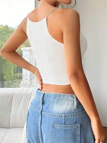 SHEIN EZwear 女士纯色短款修身休闲吊带背心 - 白色 - 查看 3