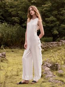 Lumivelle Women's Solid Color Casual Ruffled Hem Jumpsuit - White - View 5