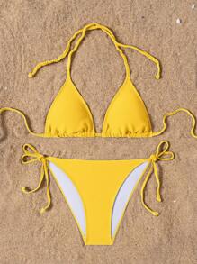 SHEIN Swim 2025 Women's Solid Color Minimalist Strap Bikini Set For Summer Beach Vacation - Yellow - View 4