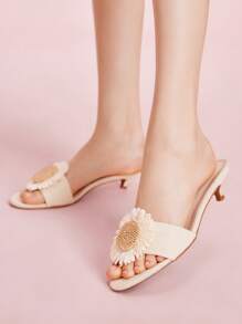 CUCCOO DOLLMOD Women's Apricot Linen Sunflower Decor Strap Round Toe Fashion High Heel Slide Sandals - Apricot - View 5