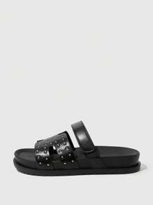 HighSole Sandalias planas abiertas de plataforma con remaches en forma de H, cierre de gancho y bucle, suela blanda antideslizante, versátiles, nuevas llegadas de moda para mujer, verano 2026 - Negro - Ver 6