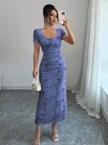 Elenzga Đầm ôm body xếp ly cổ vuông in họa tiết hoa hồng thanh lịch gợi cảm cho nữ, phù hợp cho mùa xuân/hè, ngày lễ tình nhân - Màu xanh lam - Xem 3