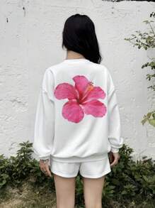 SHEIN 少女超大休闲花卉印花运动衫和短裤套装，舒适简约 - 白色 - 查看 3