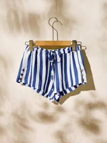 Easelle Quần short lưng thấp dệt sọc thường ngày cho kỳ nghỉ của phụ nữ - Màu xanh lam - Xem 2