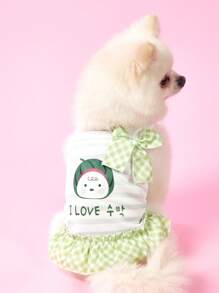 PETSIN Falda con cuadros para mascotas, transpirable y decorada con texto en coreano 'Lindo Amor', perro, sandía y moño, estilo kawaii, para verano
