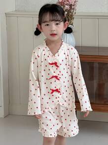 DAZY Young Girl Heart Print Long Sleeve Top + Shorts Home Wear Set, Girls Summer Outfits - Beige - View 3