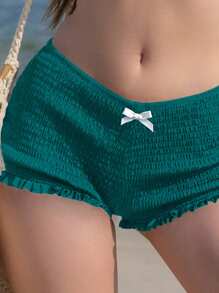 Swim Vcay Women's Summer Beach Shorts With Ruffle Hem & Bow Decor - Green - View 4