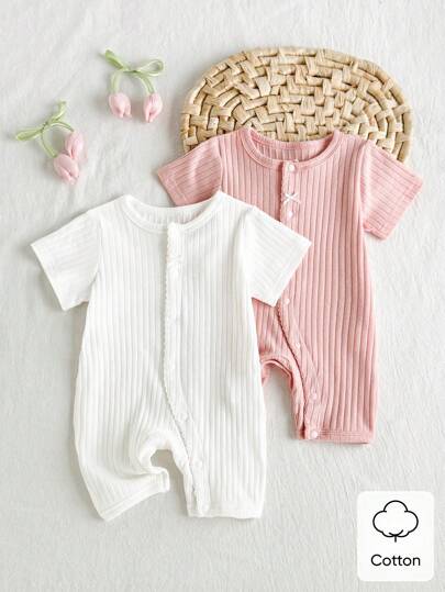 SHEIN Playful Pals 2pcs/Set Newborn Girl Jumpsuit - Bow Front, Ribbed Short Sleeve Romper, White & Pink, Cotton Moisture-Wicking, Comfortable Elastic, Suitable For Indoor & Outdoor Wear, Summer Ribbed Baby Romper Newborn Baby Clothes Baby Jumpsuit