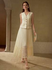MOTF PREMIUM CONTRAST LACE PLEATED DRESS - Apricot - View 5