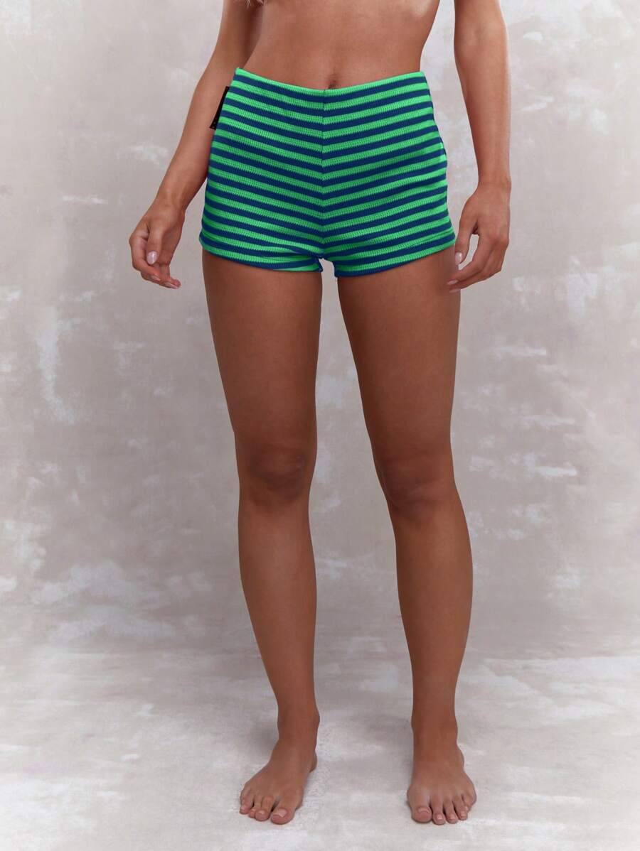 MISSGUIDED Retro Style Mini Hot Pants Ribbed Knit Striped Beach Summer Festival High Waisted Booty Shorts - Royal Blue - View 1