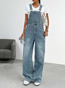 少女 Y2K 春夏假期复古水洗斜口袋宽松牛仔背带裤牛仔连体裤、少女夏季海滩波西米亚风度假连体裤、夏季音乐会节日休闲狂欢装、少女夏季早午餐教堂毕业装、街头服饰、秋冬返校装 - 中等水洗藍 - 查看 1