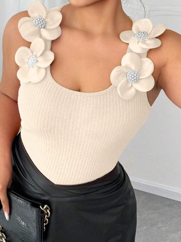 Elenzga Plus Size Women 3D Floral Decor Ribbed Square Neck Cami Top,Valentine