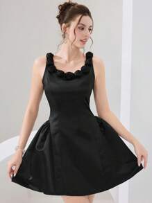 Poshira 女士纯色贴花圆领无袖夏装 - 黑色 - 查看 5