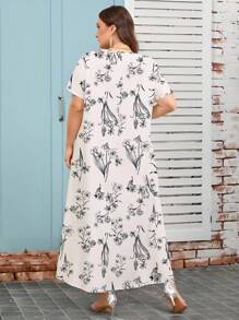 Lacomfia Plus Size Women Elegant Flower All-Over Print Arabic Style Dress - Multicolor - View 2