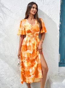 SHEIN Clasi 褶皱交叉开衩浪漫度假连衣裙 - 黃色 - 查看 4