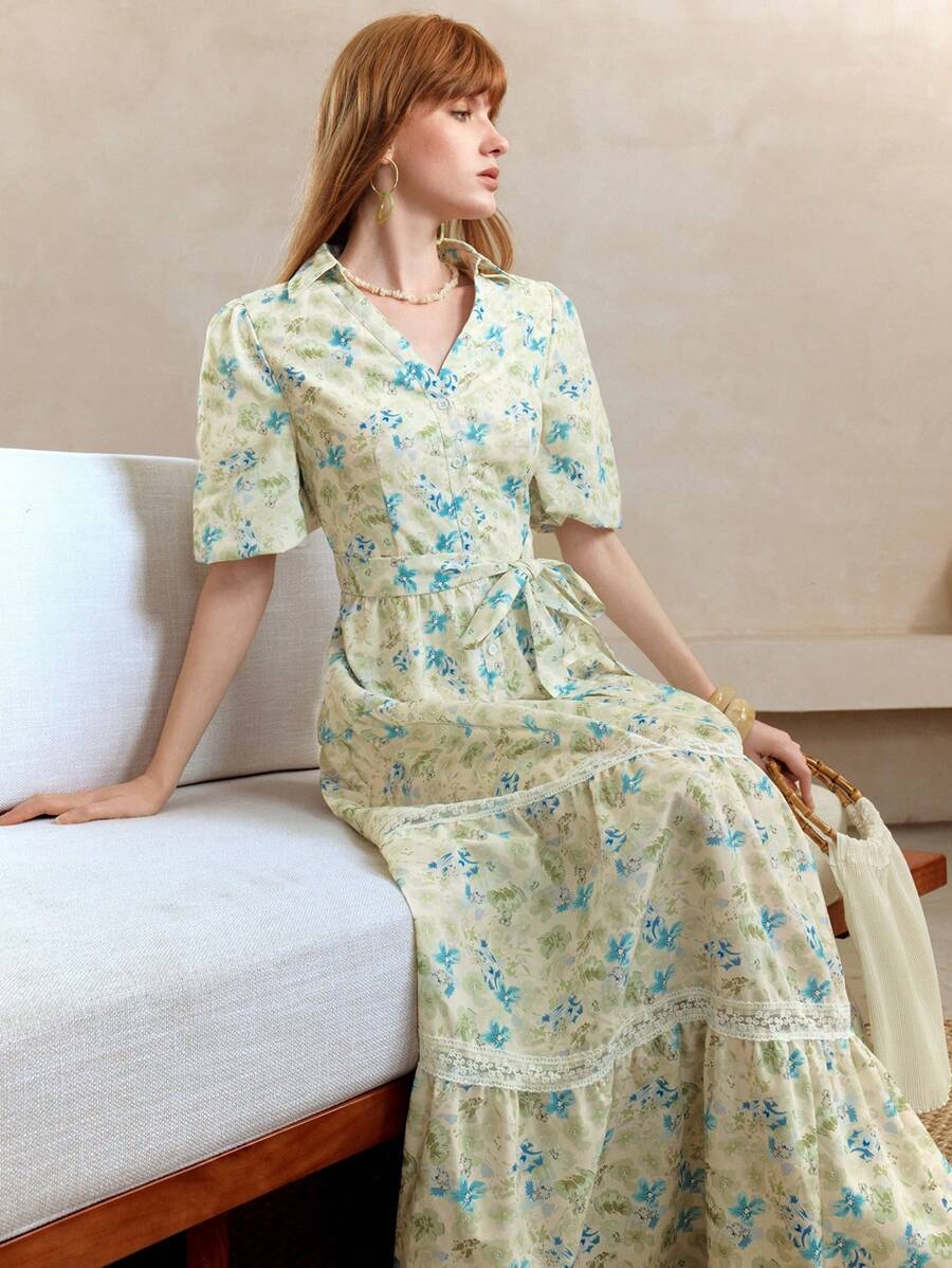Arave 女式碎花 V 领喇叭袖系带蕾丝拼接连衣裙 - 彩色 - 查看 1