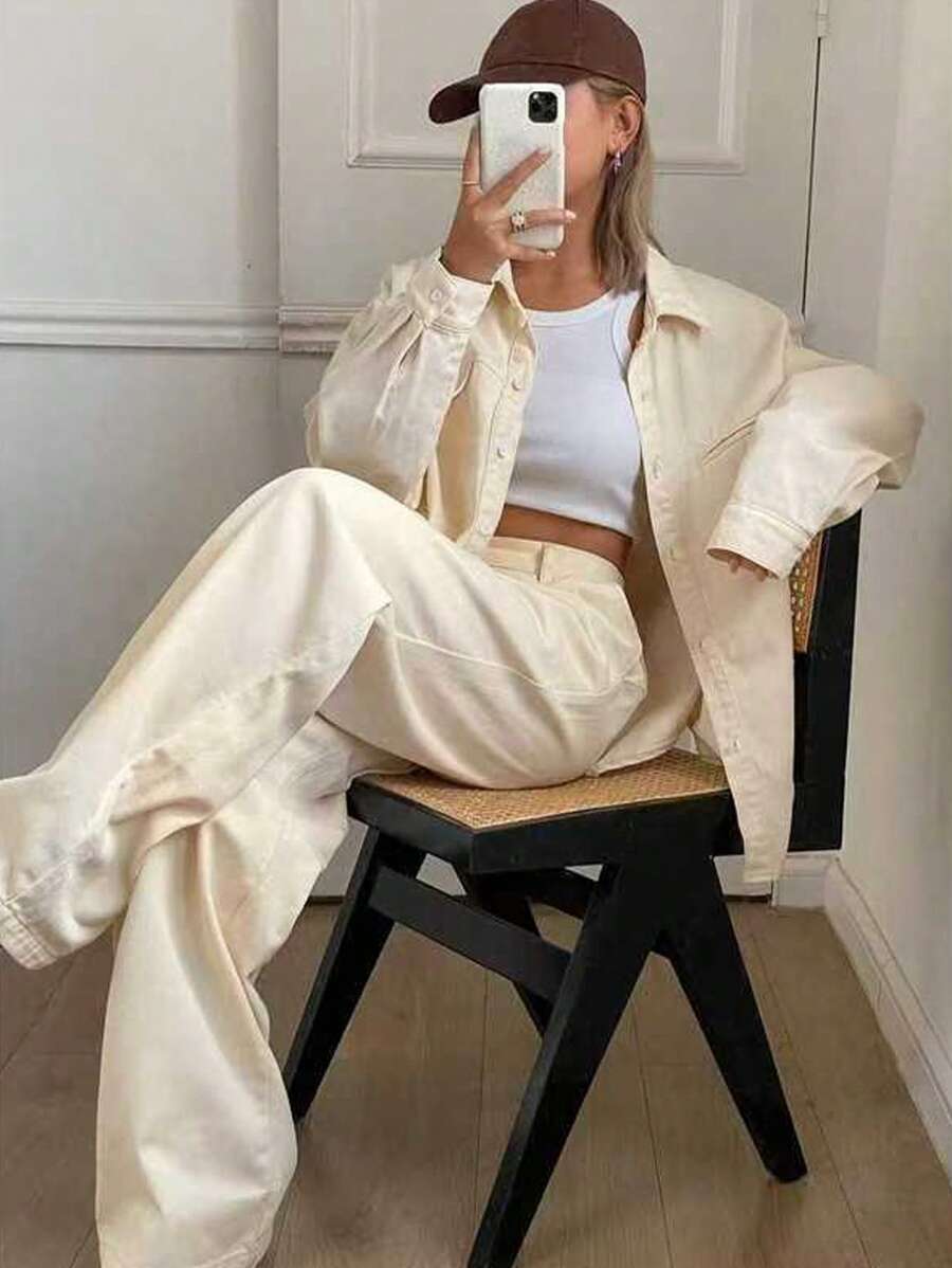 DAZY Conjunto de camisa holgada con cinturón de unicolor y jeans de pierna ancha para mujer, ropa de otoño - Albaricoque - Ver 1