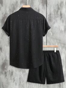 OTTIMOZO 2 piezas Conjunto de camisa de manga corta casual de verano y pantalones cortos para hombres, camisa con rhinestones, ropa de resort para hombres, conjunto de vacaciones negro, vestimenta de verano para hombres, camisa negra casual de manga corta para hombres - Negro - Ver 3