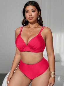 SHEIN Swim Curve 大尺碼女款兩件式高腰素色抓皺硬杯鋼圈泳衣套裝，可調節肩帶，優雅時尚性感休閒，適合夏季海灘度假假期風格 - 西瓜粉 - 查看 4