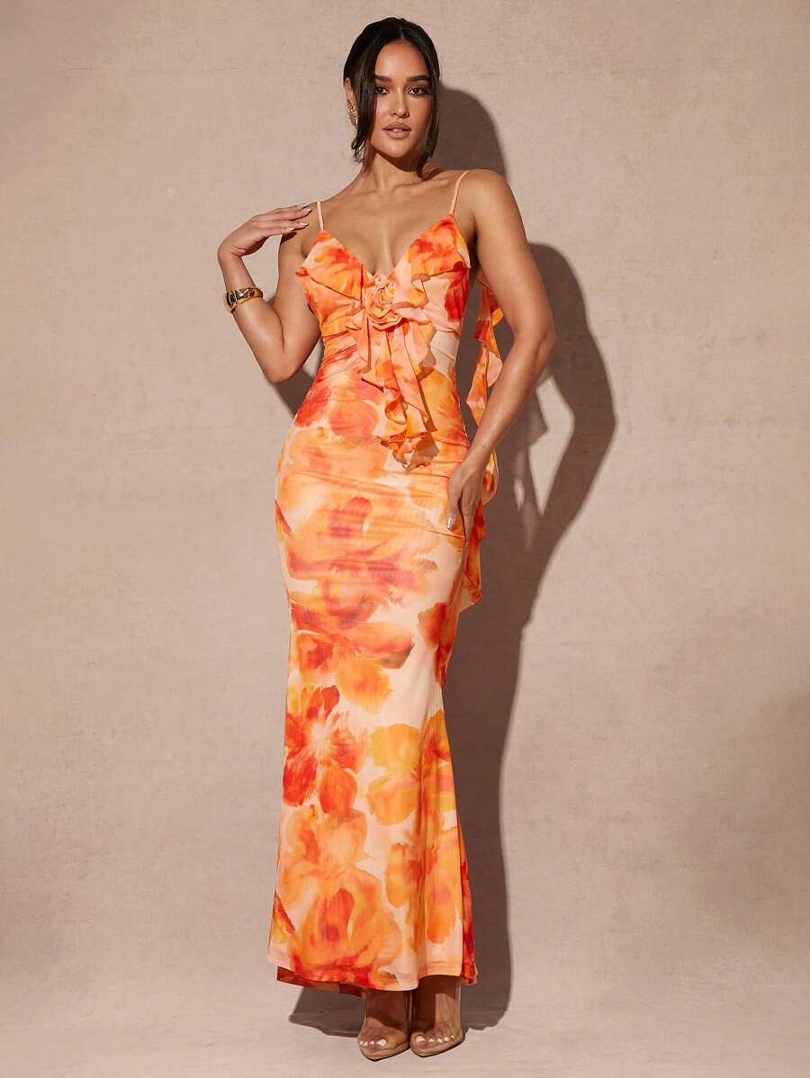 Silquee Đầm Maxi Dây Đeo Spaghetti Xếp Nếp Lãng Mạn Thanh Lịch Cho Nữ, Lưới In Hoa Màu Vàng, Đầm Maxi Maxi Dây Đeo Spaghetti Xù Lông Xù Cho Kỳ Nghỉ, Hở Lưng
