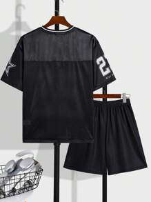 SHEIN 2pcs Set Teen Boy's Casual Sports College European And American V-Neck Mesh Sportswear Short-Sleeved Tops And Shorts Set With Digital Patterns Suitable For Kids Outfits Toddler Boy Clothes Back To School Boys Set Suitable For Birthday Parties, Evening Parties, Performances, Weddings, Baptisms, Opening Ceremonies Daily Suitable For Daily Use Suitable For School Suitable For Travel Suitable For Sports Suitable For Spring And Summer Seasons