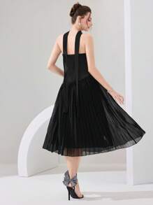 Poshira 法国成熟女士拼布露肩礼服 - 黑色 - 查看 2