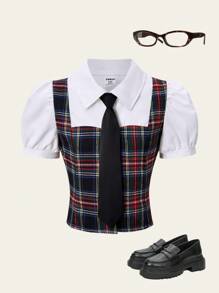 SHEIN Tween Girls' Casual Plaid Patchwork Puff Sleeve Blouse, Summer