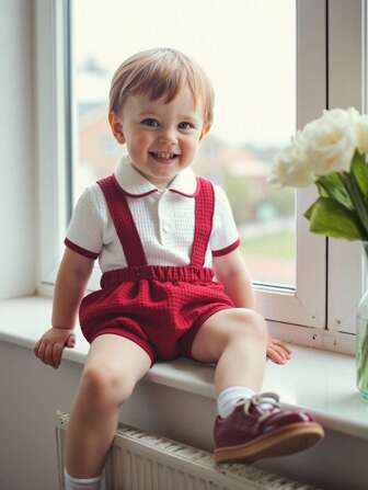 Souflis Souflis Baby Boy 2pcs Set: Solid Color Waffle Fabric White Shirt With Apricot Trim And Collar, Short Sleeve Button-Up + Apricot Waffle Fabric Overalls With Adjustable Straps, Casual Outfit For Street, Sports, Home Wear Retro Baby Boy Clothes Baby Boy Clothes Elegant Dress Clothes For Baby Boy Baby Boy Elegant Clothes Baby Overalls Baby Boy Bodysuit Clothes