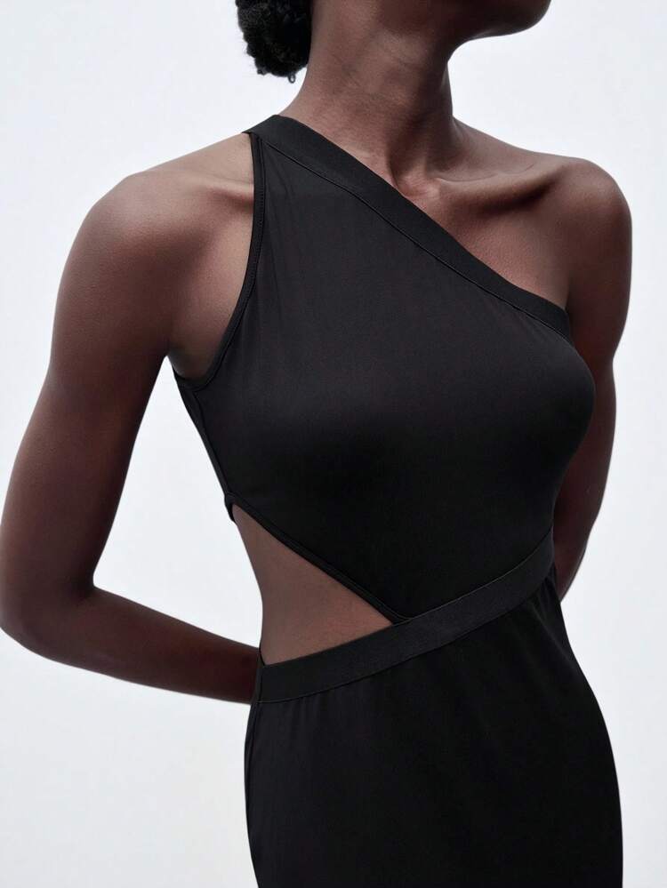 SHEIN Maija Asymmetric Shoulder Cut Out Tie Strap Splice Black Long Dress, Suitable For Back To School, Independence Day, Party In Spring/Summer,Suitable For Summer Vacation Outfits Woman Beach Vacation Outfits,Birthday Outfits For Women,Club Outfit