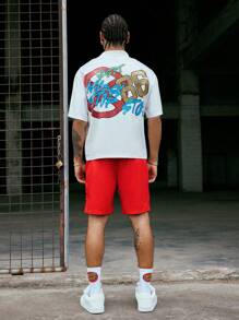 PAVTROS Manfinity Streetrush Men's Street Slogan Print T-Shirt And Shorts Set,White And Red Summer Streetwear City Break,Graphic Tees & Street Wear Co-Ords - Multicolor - View 5
