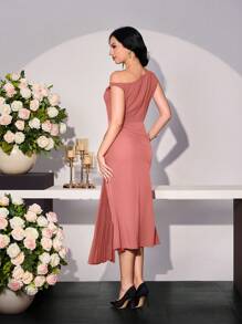 Modelyn Elegant Romantic Asymmetrical Shoulder Pleat Patchwork Dress For Women, Spring/Summer - Dusty Pink - View 2