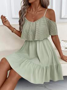 SHEIN Clasi Vestido elegante de verano para mujer de tela fresca con parches de hoja de loto de unicolor y manga de hoja de loto acampanada con cintura ceñida, adecuado para diversas ocasiones como commuting diario, hogar, viajes y vacaciones, etc. - Verde - Ver 6