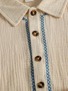 SHEIN Conjunto de 2 piezas para niño pequeño: Camisa de manga corta con bordado en contraste vintage y pantalones cortos, conjunto casual adecuado para salidas y ropa de verano para niños pequeños de 4 años, conjunto de traje para niños pequeños, conjunto casual para niños pequeños, conjunto a juego para niños pequeños - Albaricoque - Ver 8