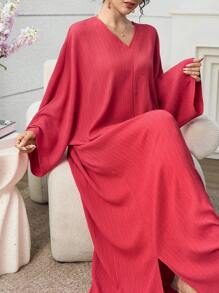 Al Najma Vestido árabe elegante de manga larga con cuello en V, bajo dividido y unicolor para mujer - Rosa - Ver 5