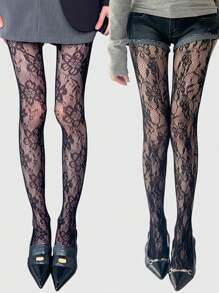 Goth 2双花卉和藤蔓图案渔网裤袜 - 黑色 - 查看 1