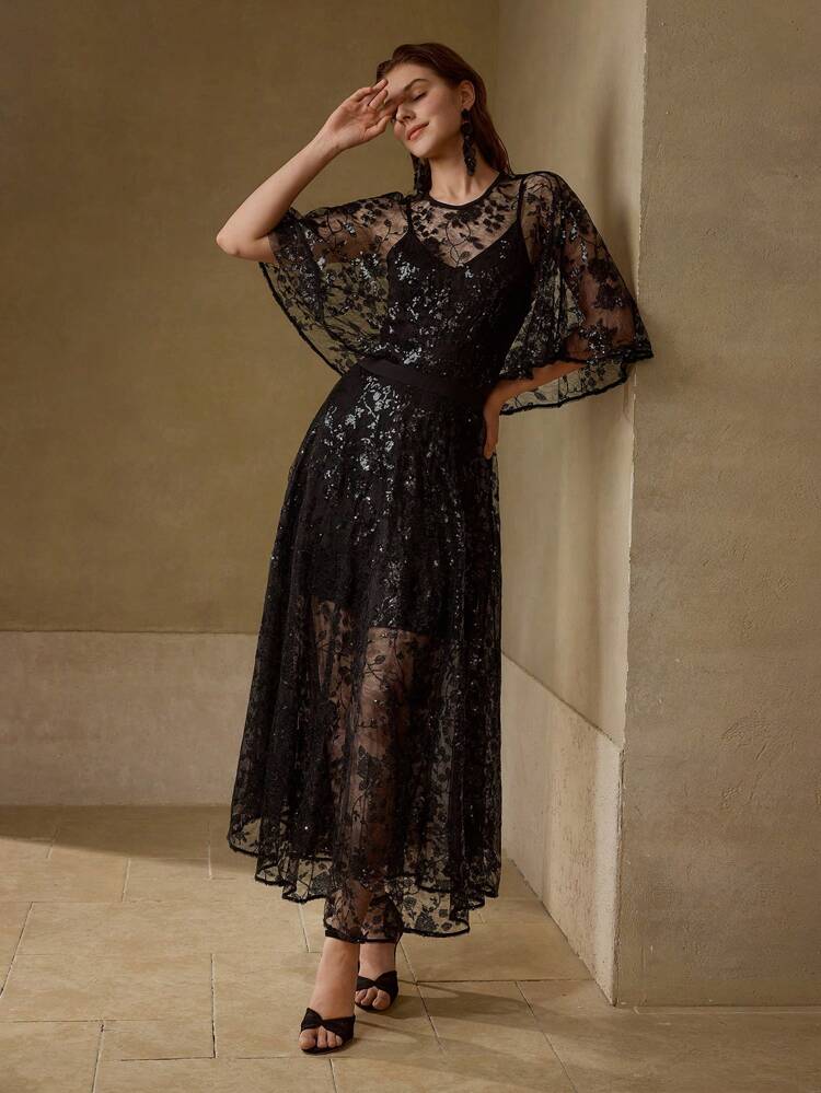 EMBROIDERY MESH SEQUINS OVERLAY FLUTTER SLEEVE 2 IN 1 SHEER LONG DRESS
