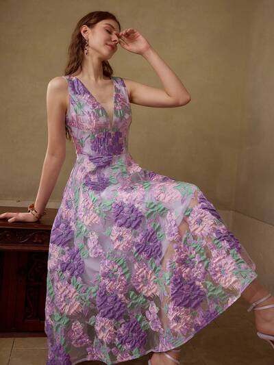 VESTIDO JACQUARD DE ESCOTE EN V PROFUNDO Y LARGO MEDIO PARA MUJER, VERANO