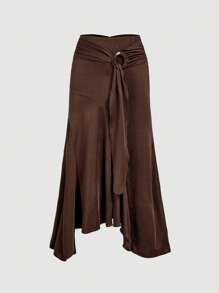 SHEIN MOD High Waist Ruffle Asymmetrical Hem Skirt Brown Midi Skirt Tie Skirt Wrap Skirt Asymmetrical Skirt Brown Tie Skirt