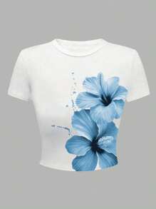 Áo thun cổ tròn in hoa cho bé gái tuổi teen, giản dị & thoải mái, phù hợp cho mùa hè - trắng - Xem 4